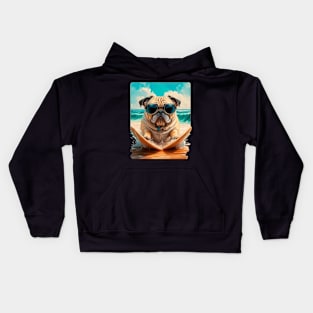 Pug on the beach Surf Kids Hoodie